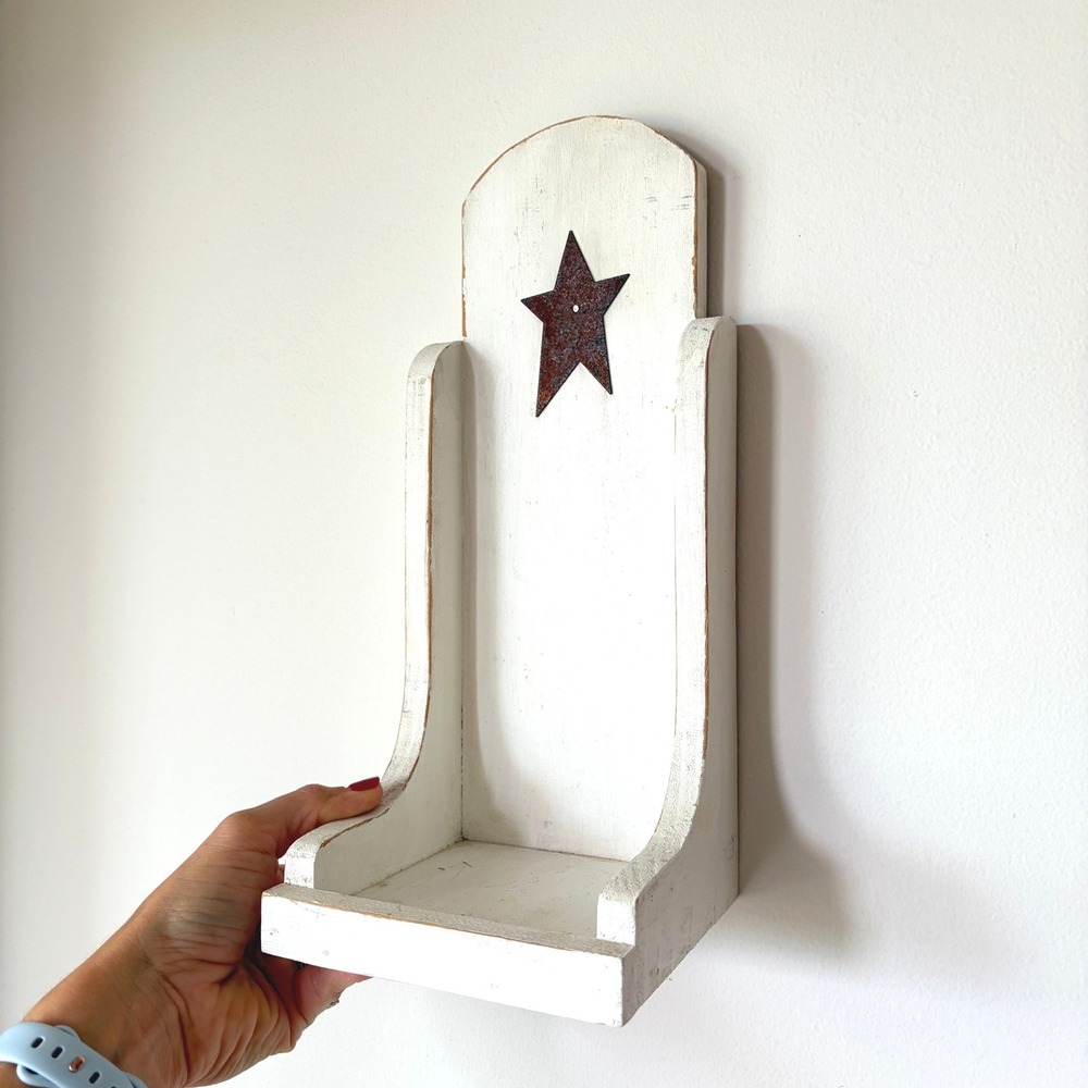 Rustic White Wood Wall Shelf Primitive Distressed Star Farmhouse Decor 12.5in